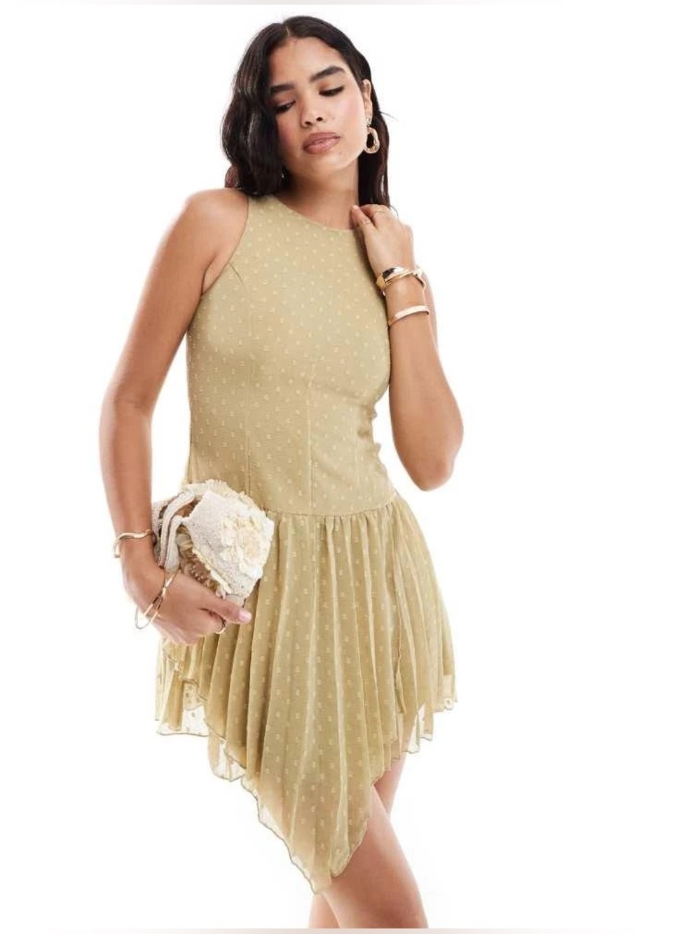 Sage Green Dobby Mesh Drop Waist Mini Dress Asymmetrical Hem 4